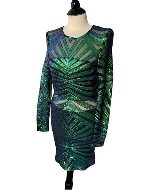 Parisian Works Green and Blue Sequin Long-Sleeve Bodycon Dress